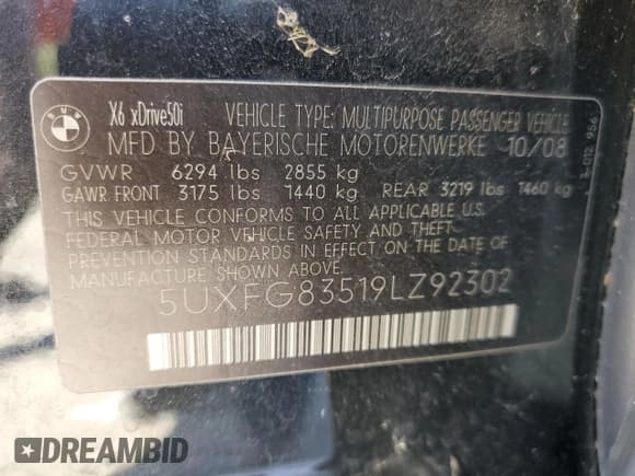 ✅ 2009 BMW X6 • VIN: 5UXFG83519LZ92302 • Lot: 47418605. Wystawiony na Copart z przebiegiem 130 392 mil. Bezpłatny archiwum sprzedaży aukcyjnych z USA i szczegółowy raport historii pojazdu na DreamBid. Zdjęcie 13.