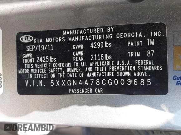 ✅ 2012 Kia Optima EX • VIN: 5XXGN4A78CG003685 • Lot: 43587128. Listed on IAAI with 236,601 mi. Free auction sales archive from the USA and detailed vehicle history report at DreamBid. Image 9.