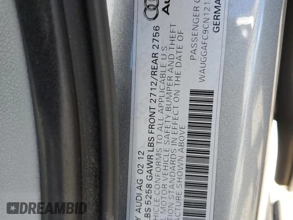 ✅ 2012 Audi A6 Premium Plus • VIN: WAUGGAFC9CN121289 • Lot: 58172015. Listed on Copart with 169,340 mi. Free auction sales archive from the USA and detailed vehicle history report at DreamBid. Image 13.