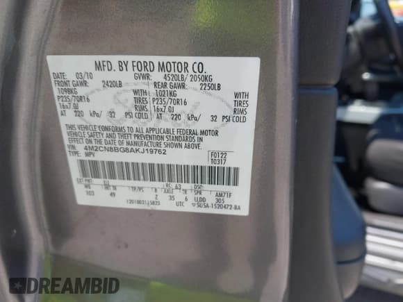 ✅ 2010 Mercury Mariner • VIN: 4M2CN8BG8AKJ19762 • Lot: 42466703. Listed on IAAI with 240,178 mi. Free auction sales archive from the USA and detailed vehicle history report at DreamBid. Image 9.