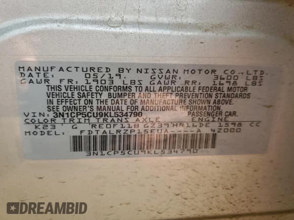 ✅ 2019 Nissan Kicks SR • VIN: 3N1CP5CU9KL534790 • Лот: 93752915. Опубликован ранее на Copart с пробегом 59 443 миль. Бесплатный доступ к архиву аукционных продаж из США и подробный отчёт об истории автомобиля на DreamBid. Изображение 12.