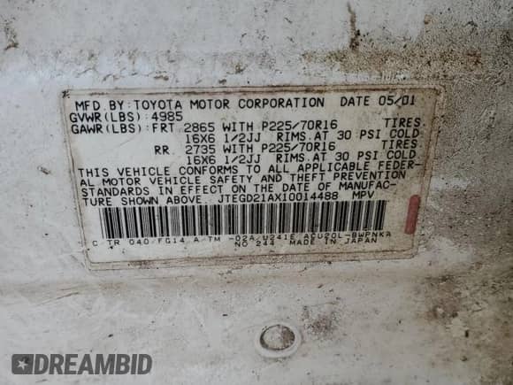 2001 Toyota Highlander с VIN JTEGD21AX10014488, выставлен на аукционе Copart как лот 42357885 с пробегом 210 363 миль миль и Списание • Salvage title. История ставок и продаж доступна на DreamBid. Изображение 13.