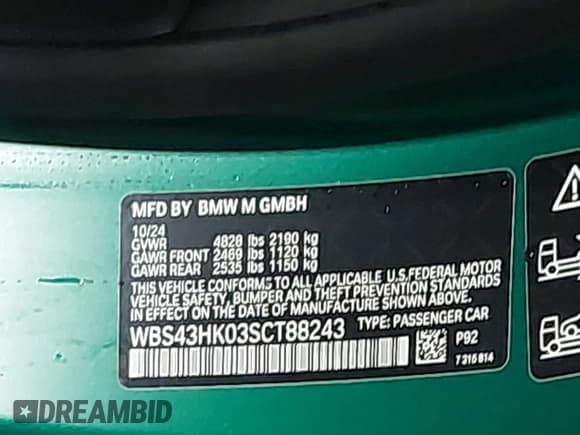 ✅ 2025 BMW M4 • VIN: WBS43HK03SCT88243 • Lot: 43288828. Listed on IAAI with 15 mi. Free auction sales archive from the USA and detailed vehicle history report at DreamBid. Image 9.