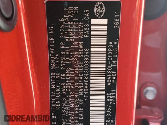 2025 Toyota Camry LE with VIN 4T1DAACK4SU088348, listed as a Copart auction lot 68684105 with 28,061 mi miles and Salvage title. Bid and sale history available at DreamBid. Image 12.