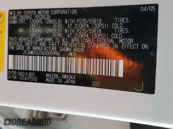 ✅ 2006 Lexus RX 400h • VIN: JTJHW31U760005996 • Lot: 85533395. Listed on Copart with 163,443 mi. Free auction sales archive from the USA and detailed vehicle history report at DreamBid. Image 12.