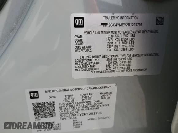 ✅ 2024 Chevrolet Silverado 2500HD Custom • VIN: 2GC4YMEY2R1251796 • Lot: 90911515. Wystawiony na Copart z przebiegiem 35 634 mil. Bezpłatny archiwum sprzedaży aukcyjnych z USA i szczegółowy raport historii pojazdu na DreamBid. Zdjęcie 12.