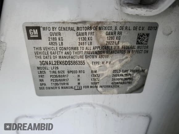 ✅ 2013 Chevrolet Captiva Sport LS • VIN: 3GNAL2EK6DS586355 • Lot: 53130075. Wystawiony na Copart z przebiegiem Nie podano. Bezpłatny archiwum sprzedaży aukcyjnych z USA i szczegółowy raport historii pojazdu na DreamBid. Zdjęcie 13.