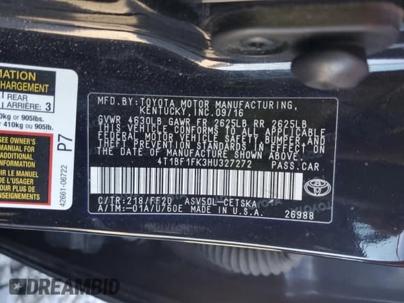 ✅ 2017 Toyota Camry SE • VIN: 4T1BF1FK3HU327272 • Лот: 82682095. Опубликован ранее на Copart с пробегом 195 310 миль. Бесплатный доступ к архиву аукционных продаж из США и подробный отчёт об истории автомобиля на DreamBid. Изображение 12.