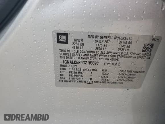 2016 Chevrolet Equinox LT z VIN 1GNALCEK9GZ103390, wystawiony jako Copart lot #81460505 z przebiegiem 121 778 mil mil oraz Szkoda całkowita • Salvage title. Historia ofert i sprzedaży dostępna na DreamBid. Obrazek 12.