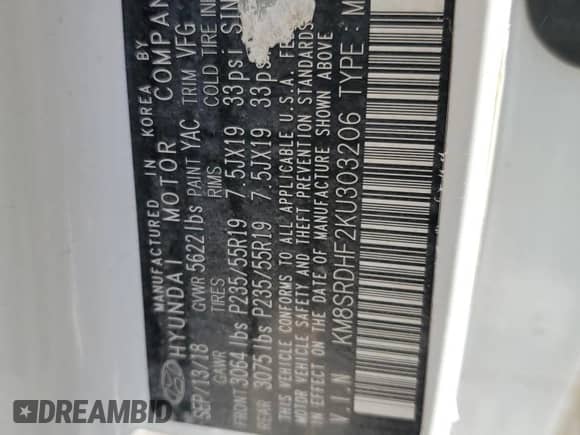 2019 Hyundai Santa Fe Limited Ultimate z VIN KM8SRDHF2KU303206, wystawiony jako Copart lot #50435315 z przebiegiem Nie podano mil oraz Czysty tytuł • Clean title. Historia ofert i sprzedaży dostępna na DreamBid. Obrazek 13.