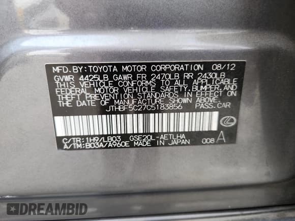 ✅ 2012 Lexus IS 250 • VIN: JTHBF5C27C5183856 • Lot: 84862595. Listed on Copart with 159,946 mi. Free auction sales archive from the USA and detailed vehicle history report at DreamBid. Image 12.