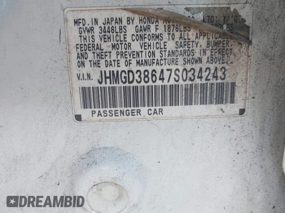 ✅ 2007 Honda Fit Sport • VIN: JHMGD38647S034243 • Lot: 43275241. Listed on IAAI with 207,530 mi. Free auction sales archive from the USA and detailed vehicle history report at DreamBid. Image 9.