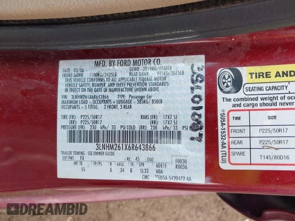 ✅ 2006 Lincoln Zephyr • VIN: 3LNHM261X6R643866 • Lot: 42883037. Listed on IAAI with 132,397 mi. Free auction sales archive from the USA and detailed vehicle history report at DreamBid. Image 9.