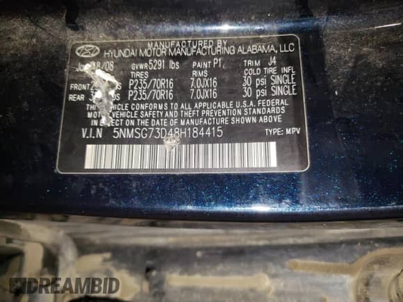 2008 Hyundai Santa Fe GLS z VIN 5NMSG73D48H184415, wystawiony jako Copart lot #65966294 z przebiegiem 111 677 mil mil oraz Czysty tytuł • Clean title. Historia ofert i sprzedaży dostępna na DreamBid. Obrazek 12.