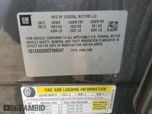 ✅ 2012 Chevrolet Malibu 1FL • VIN: 1G1ZA5E06CF368347 • Lot: 83786964. Listed on Copart with 107,113 mi. Free auction sales archive from the USA and detailed vehicle history report at DreamBid. Image 12.