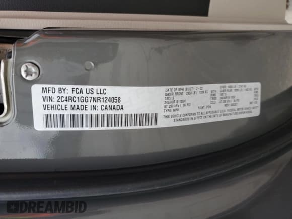 ✅ 2022 Chrysler Pacifica Limited • VIN: 2C4RC1GG7NR124058 • Лот: 67666245. Опубликован ранее на Copart с пробегом Не указан. Бесплатный доступ к архиву аукционных продаж из США и подробный отчёт об истории автомобиля на DreamBid. Изображение 13.