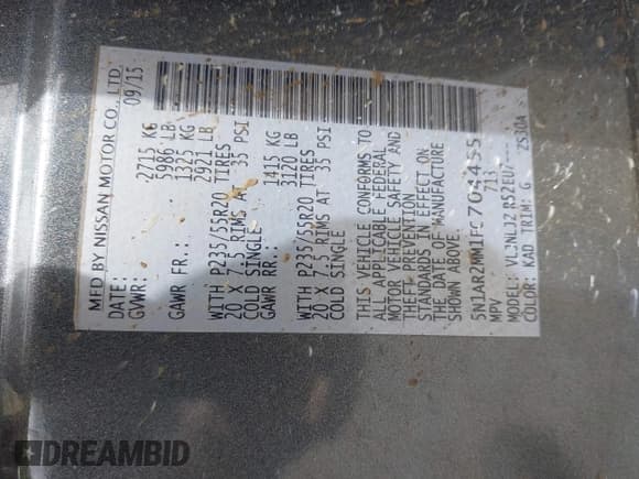 ✅ 2015 Nissan Pathfinder Platinum • VIN: 5N1AR2MM1FC704455 • Lot: 42783064. Listed on IAAI with 82,167 mi. Free auction sales archive from the USA and detailed vehicle history report at DreamBid. Image 9.