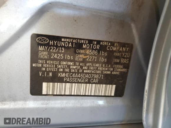 ✅ 2013 Hyundai Sonata • VIN: KMHEC4A46DA079871 • Lot: 85435125. Listed on Copart with 182,941 mi. Free auction sales archive from the USA and detailed vehicle history report at DreamBid. Image 12.