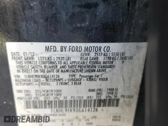 ✅ 2013 Lincoln MKS • VIN: 1LNHL9EK9DG614126 • Lot: 68549435. Wystawiony na Copart z przebiegiem 189 808 mil. Bezpłatny archiwum sprzedaży aukcyjnych z USA i szczegółowy raport historii pojazdu na DreamBid. Zdjęcie 12.