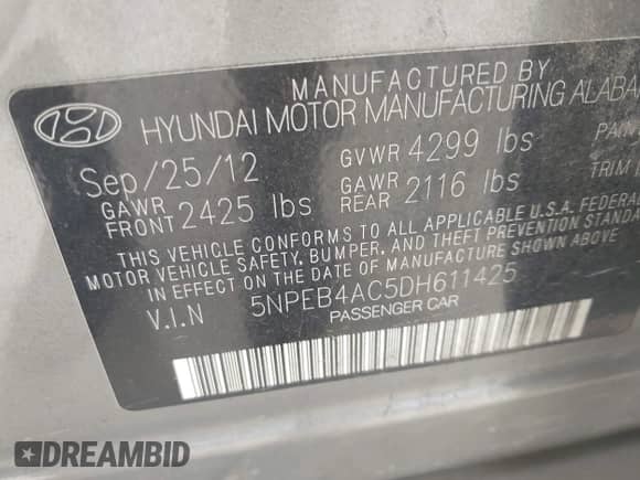 2013 Hyundai Sonata GLS z VIN 5NPEB4AC5DH611425, wystawiony jako IAAI lot #43475104 z przebiegiem 141 650 mil mil oraz . Historia ofert i sprzedaży dostępna na DreamBid. Obrazek 9.