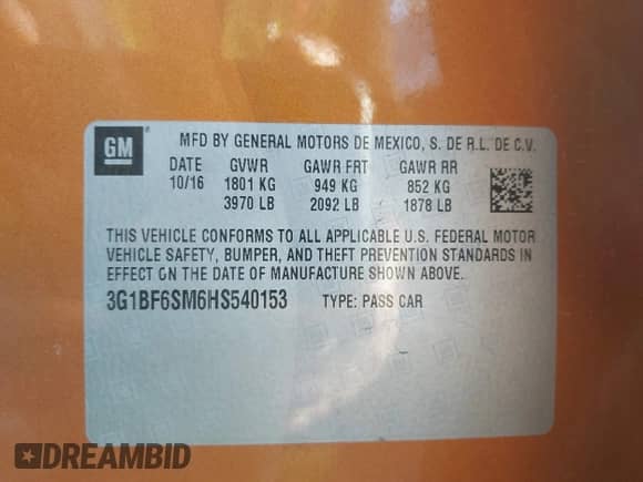 2017 Chevrolet Cruze Premier z VIN 3G1BF6SM6HS540153, wystawiony jako IAAI lot #43391698 z przebiegiem 115 761 mil mil oraz . Historia ofert i sprzedaży dostępna na DreamBid. Obrazek 9.