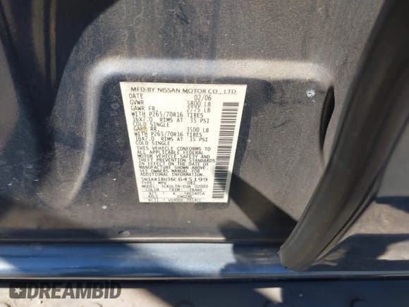 ✅ 2006 Nissan Pathfinder SE • VIN: 5N1AR18U36C645199 • Lot: 43189689. Listed on IAAI with 154,306 mi. Free auction sales archive from the USA and detailed vehicle history report at DreamBid. Image 9.