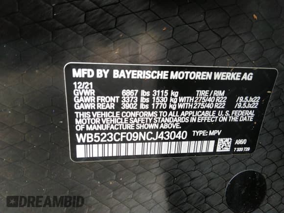 ✅ 2022 BMW iX xDrive50 • VIN: WB523CF09NCJ43040 • Lot: 42532305. Listed on IAAI with 17,492 mi. Free auction sales archive from the USA and detailed vehicle history report at DreamBid. Image 9.