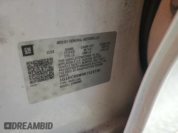 ✅ 2019 Chevrolet Cruze LS • VIN: 1G1BC5SMXK7123739 • Lot: 85825225. Listed on Copart with 139,222 mi. Free auction sales archive from the USA and detailed vehicle history report at DreamBid. Image 12.