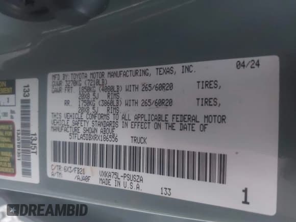 ✅ 2024 Toyota Tundra SR5 • VIN: 5TFLA5DBXRX186556 • Lot: 42840616. Listed on IAAI with 20,584 mi. Free auction sales archive from the USA and detailed vehicle history report at DreamBid. Image 9.