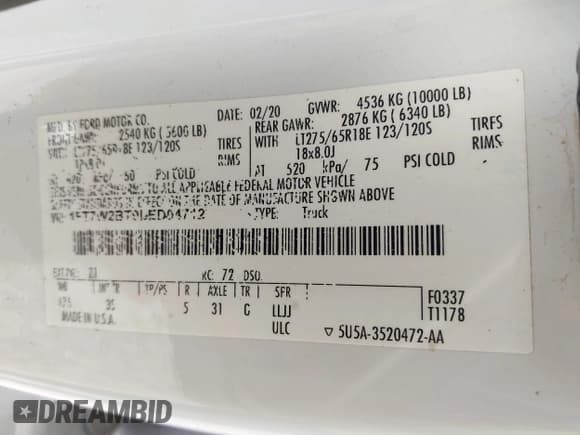 ✅ 2020 Ford F-250 XL • VIN: 1FT7W2BT9LED04712 • Lot: 42891910. Wystawiony na IAAI z przebiegiem 132 801 mil. Bezpłatny archiwum sprzedaży aukcyjnych z USA i szczegółowy raport historii pojazdu na DreamBid. Zdjęcie 9.