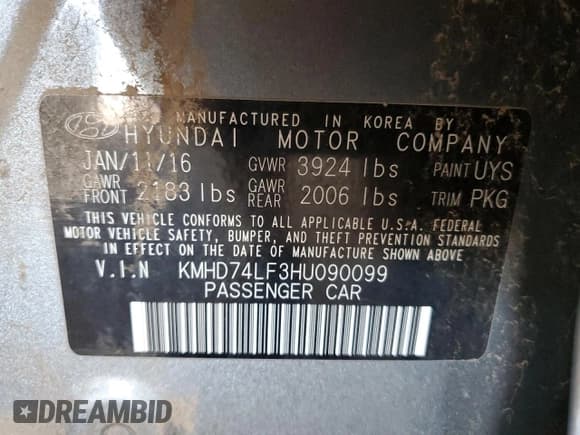 ✅ 2017 Hyundai Elantra SE • VIN: KMHD74LF3HU090099 • Lot: 90123375. Listed on Copart with Not provided. Free auction sales archive from the USA and detailed vehicle history report at DreamBid. Image 12.