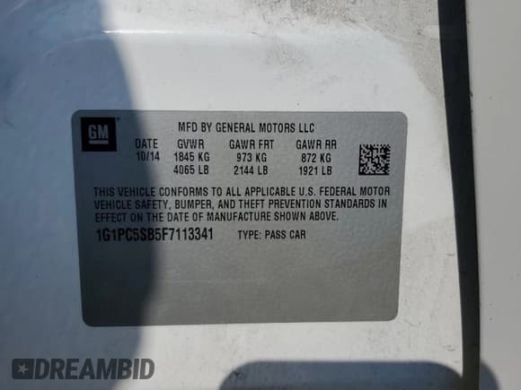 ✅ 2015 Chevrolet Cruze LT • VIN: 1G1PC5SB5F7113341 • Lot: 62608183. Listed on Copart with 121,198 mi. Free auction sales archive from the USA and detailed vehicle history report at DreamBid. Image 13.