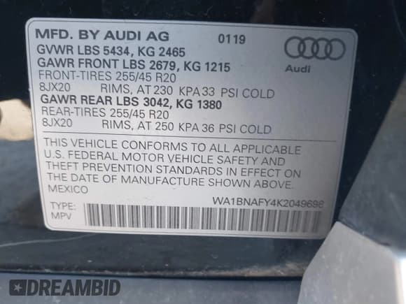 ✅ 2019 Audi Q5 Premium Plus • VIN: WA1BNAFY4K2049698 • Lot: 43426976. Listed on IAAI with 97,826 mi. Free auction sales archive from the USA and detailed vehicle history report at DreamBid. Image 9.