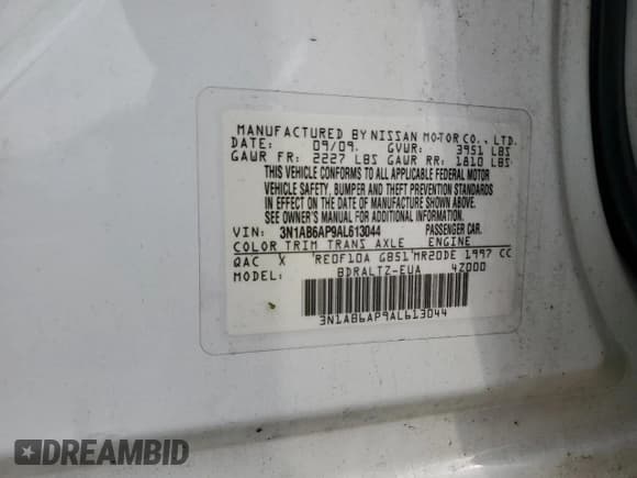 ✅ 2010 Nissan Sentra S • VIN: 3N1AB6AP9AL613044 • Lot: 81322935. Listed on Copart with 162,327 mi. Free auction sales archive from the USA and detailed vehicle history report at DreamBid. Image 12.