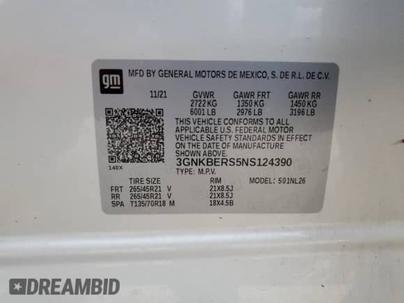 2022 Chevrolet Blazer RS with VIN 3GNKBERS5NS124390, listed as a Copart auction lot 65406414 with 60,543 mi miles and Salvage title. Bid and sale history available at DreamBid. Image 13.