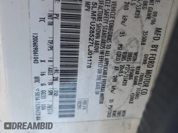 ✅ 2007 Lincoln Navigator • VIN: 5LMFU28527LJ01178 • Lot: 87275554. Listed on Copart with Not provided. Free auction sales archive from the USA and detailed vehicle history report at DreamBid. Image 13.