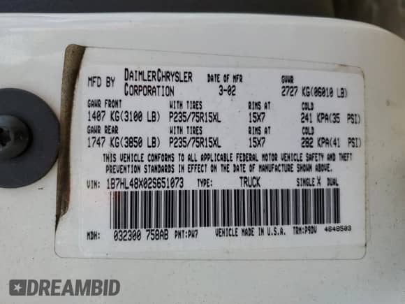 2002 Dodge Dakota SLT with VIN 1B7HL48X02S651073, listed as a Copart auction lot 74731254 with 93,064 mi miles and Non repairable. Bid and sale history available at DreamBid. Image 13.