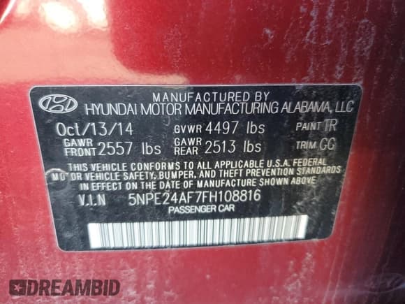 ✅ 2015 Hyundai Sonata SE • VIN: 5NPE24AF7FH108816 • Lot: 41151213. Listed on Copart with Not provided. Free auction sales archive from the USA and detailed vehicle history report at DreamBid. Image 13.