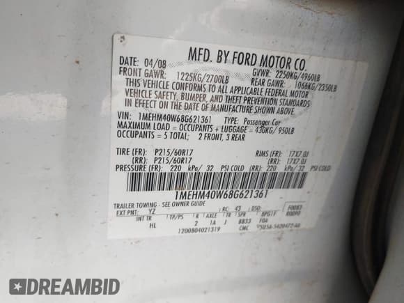 ✅ 2008 Mercury Sable • VIN: 1MEHM40W68G621361 • Lot: 43569761. Listed on IAAI with 173,660 mi. Free auction sales archive from the USA and detailed vehicle history report at DreamBid. Image 9.