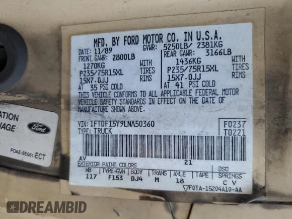 ✅ 1990 Ford F-150 S • VIN: 1FTDF15Y9LNA50360 • Lot: 89195765. Wystawiony na Copart z przebiegiem 88 604 mil. Bezpłatny archiwum sprzedaży aukcyjnych z USA i szczegółowy raport historii pojazdu na DreamBid. Zdjęcie 12.