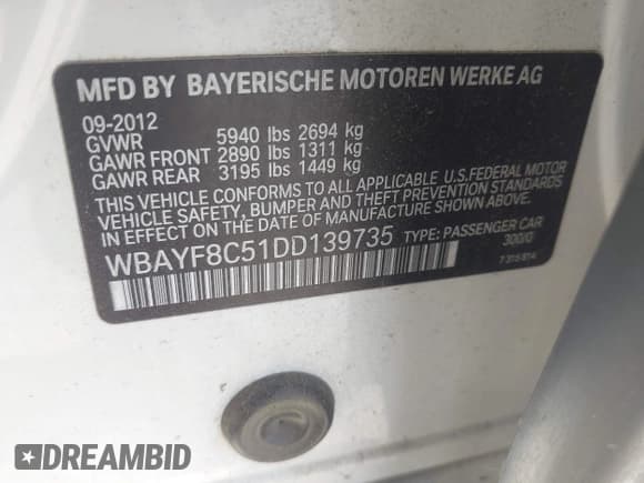✅ 2013 BMW 7 Series 750Li xDrive • VIN: WBAYF8C51DD139735 • Lot: 42590928. Listed on IAAI with 118,984 mi. Free auction sales archive from the USA and detailed vehicle history report at DreamBid. Image 9.