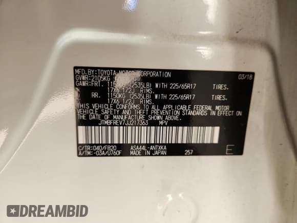 ✅ 2018 Toyota RAV4 LE • VIN: JTMBFREV7JJ217363 • Lot: 91433015. Listed on Copart with 66,579 mi. Free auction sales archive from the USA and detailed vehicle history report at DreamBid. Image 14.