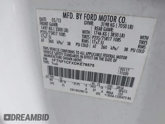 ✅ 2013 Ford F-150 XL • VIN: 1FTNF1CFXDKE78575 • Lot: 41293852. Wystawiony na IAAI z przebiegiem 201 332 mil. Bezpłatny archiwum sprzedaży aukcyjnych z USA i szczegółowy raport historii pojazdu na DreamBid. Zdjęcie 9.