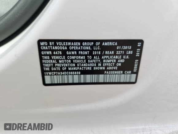 ✅ 2013 Volkswagen Passat SEL • VIN: 1VWCP7A34DC085839 • Lot: 70501935. Listed on Copart with 58,858 mi. Free auction sales archive from the USA and detailed vehicle history report at DreamBid. Image 12.