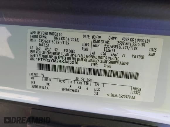 ✅ 2019 Ford Transit • VIN: 1FTYR2YM2KKA85216 • Lot: 42207747. Wystawiony na IAAI z przebiegiem 106 304 mil. Bezpłatny archiwum sprzedaży aukcyjnych z USA i szczegółowy raport historii pojazdu na DreamBid. Zdjęcie 9.