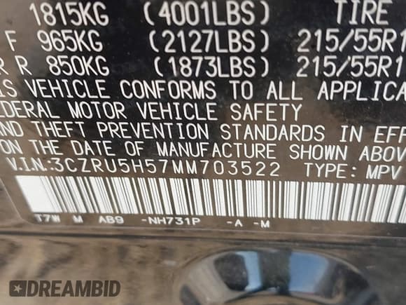 ✅ 2021 Honda HR-V EX • VIN: 3CZRU5H57MM703522 • Lot: 42409325. Listed on IAAI with 38,482 mi. Free auction sales archive from the USA and detailed vehicle history report at DreamBid. Image 9.