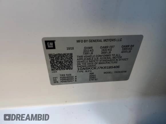 2019 Chevrolet Tahoe Premier с VIN 1GNSKCKJ7KR185406, выставлен на аукционе Copart как лот 84976965 с пробегом 113 571 миль миль и Списание • Salvage title. История ставок и продаж доступна на DreamBid. Изображение 13.