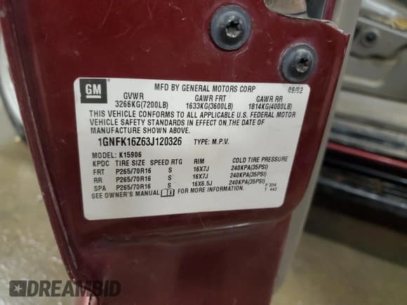 ✅ 2003 Chevrolet Suburban LT • VIN: 1GNFK16Z63J120326 • Lot: 48627895. Listed on Copart with 381,733 mi. Free auction sales archive from the USA and detailed vehicle history report at DreamBid. Image 13.