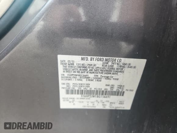 ✅ 2011 Ford Taurus Limited • VIN: 1FAHP2JW1BG156691 • Lot: 59811755. Listed on Copart with 162,828 mi. Free auction sales archive from the USA and detailed vehicle history report at DreamBid. Image 12.