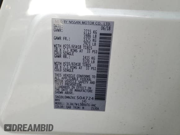 ✅ 2019 Infiniti QX60 Pure • VIN: 5N1DL0MN2KC504724 • Lot: 46477085. Listed on Copart with 107,156 mi. Free auction sales archive from the USA and detailed vehicle history report at DreamBid. Image 13.